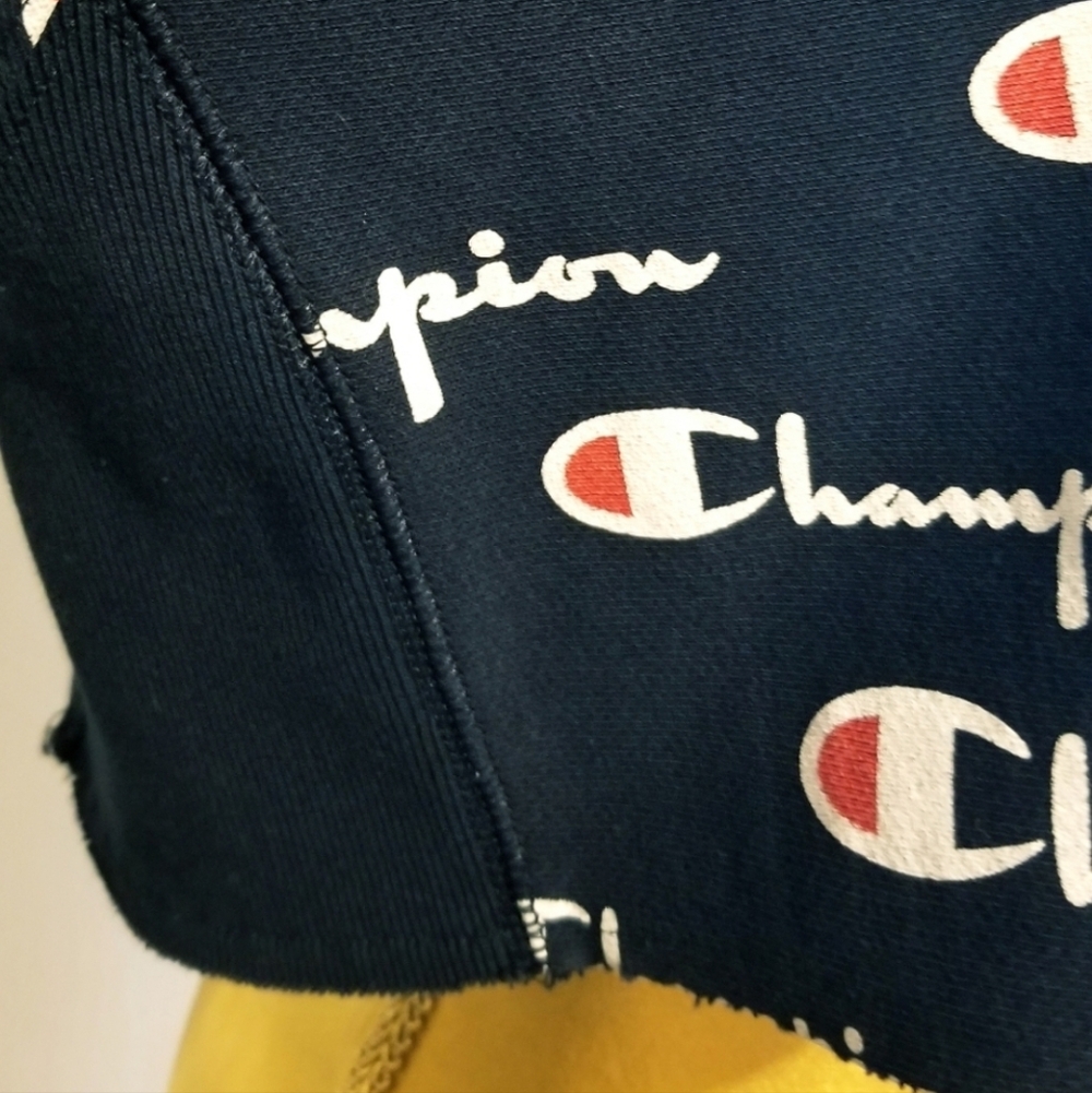 Champion Reverse Weave Logo Crop Sweatshirt Navy Blue Logo Print Retro Style - Picture 6 of 12